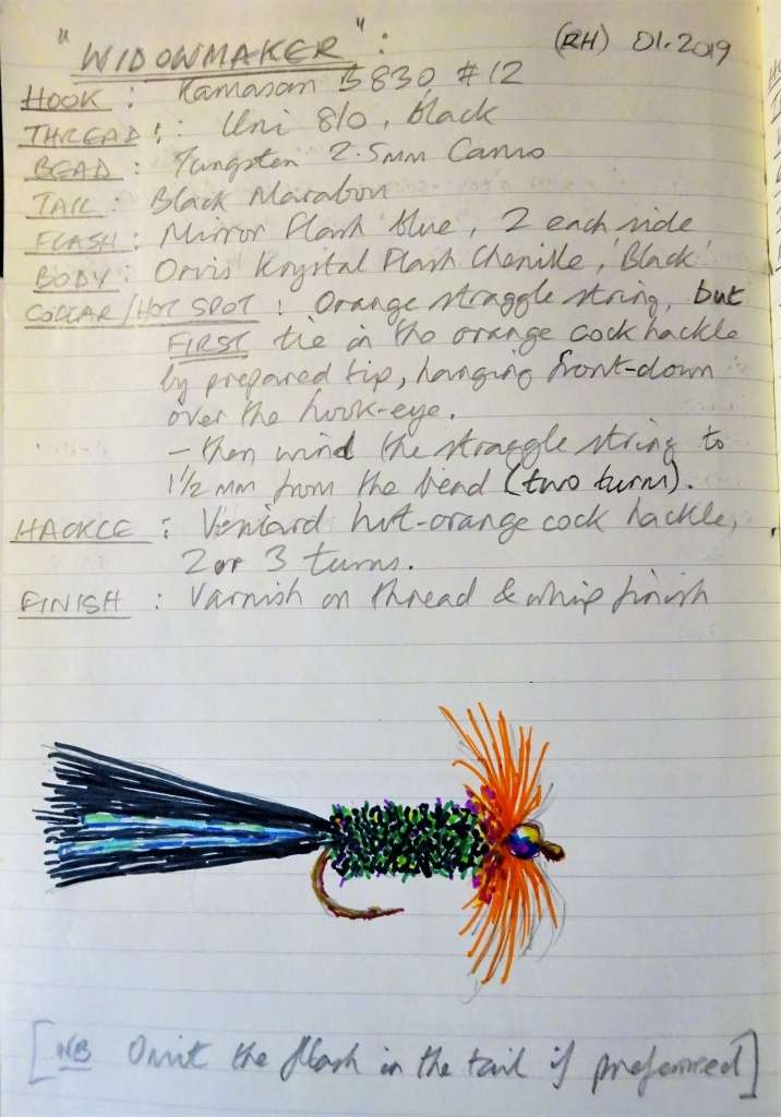 Hoppercock recipe, a Hopper fly tying lure handwritten on a notepad.