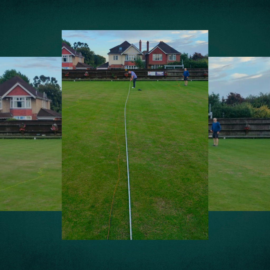 Wessex member practicing fly casting on the vacant green at Atherley Bowling Club